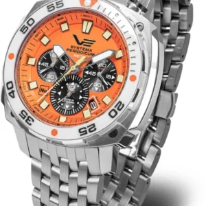 Herrenarmbanduhr mit silbernem Edelstahlband, orangefarbenem Zifferblatt und Stoppuhr-Optik
